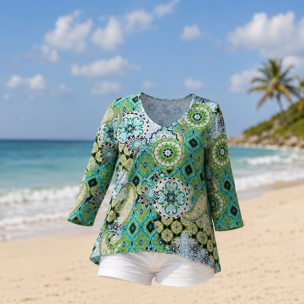 Chico's Ultimate Tee Women 1 Blue Green Excellent Paisley V-Neck 3/4 Sleeve Top